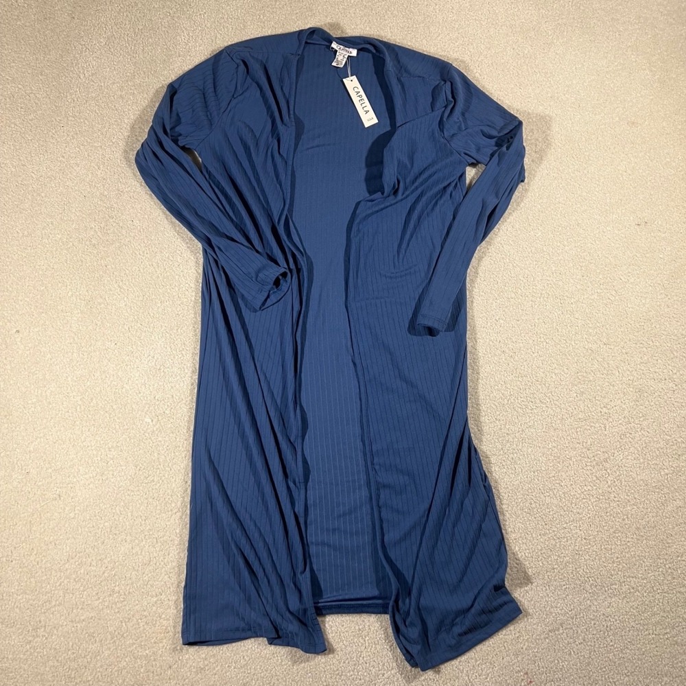 Capella Duster Cardigan Womens Medium Blue Ribbed Knit Open Front Longline Basic